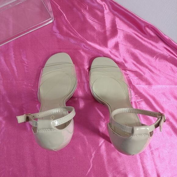 Aldo Beige SZ 7.5 Nude Faux Patent Strappy Dress Sandals 4" High Heels - Picture 6 of 9